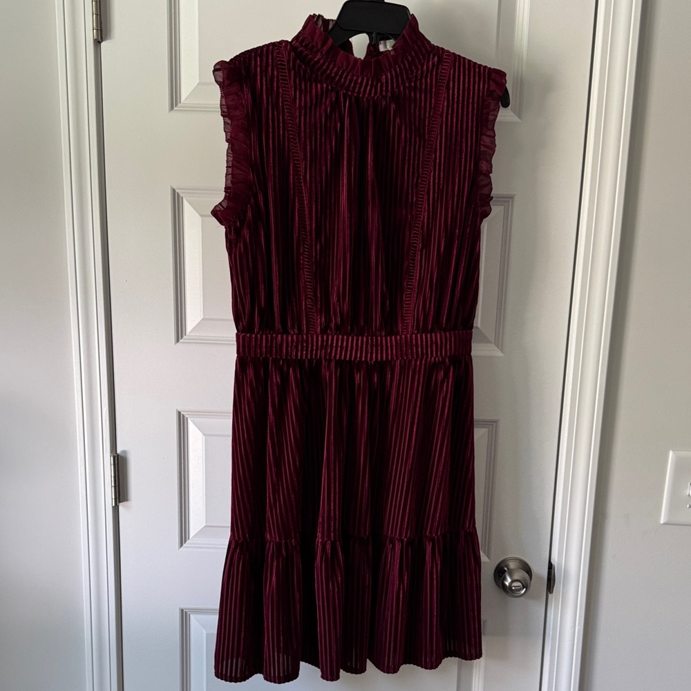 Ruffled High-Neck Burgundy Velvet Mini Dress